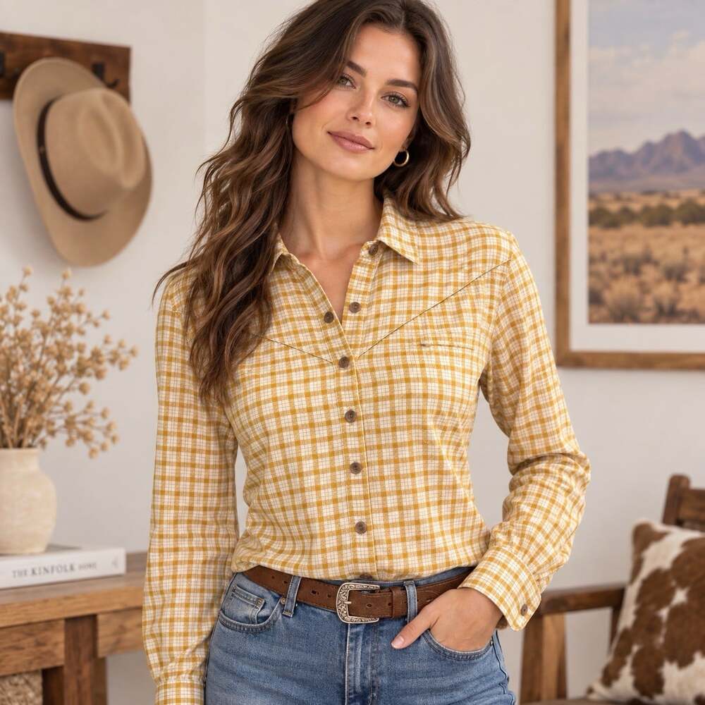 Madewell Western Plaid Shirt Women’s Sz M Mustard Gold Ivory Cream Long Sleeve